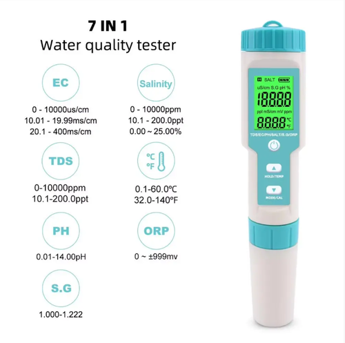 This 7-in-1 water quality testing pen unlocks 7 core indicators with a single click, eliminating the need for a professional laboratory. It comprehensively covers seven key indicators: pH, ORP (oxidation-reduction potential), TDS (total dissolved solids), EC (exchange coefficient), salinity, resistivity, and water temperature. From acidity and alkalinity to pollutant content, from water activity to physical state, each indicator is directly related to water safety and user experience.