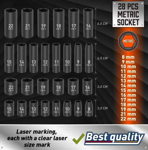 50-piece impact sleeve set, featuring a ratchet handle, an extended rod and a conversion connector. Made of chrome-vanadium steel, it is durable and resistant to impact. The laser-etched scale is clear. The custom storage box is portable and easy to find, covering all scenarios of auto repair and home maintenance. It is an efficient tool for both professional and daily repairs.