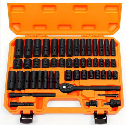 50-piece impact sleeve set, featuring a ratchet handle, an extended rod and a conversion connector. Made of chrome-vanadium steel, it is durable and resistant to impact. The laser-etched scale is clear. The custom storage box is portable and easy to find, covering all scenarios of auto repair and home maintenance. It is an efficient tool for both professional and daily repairs.