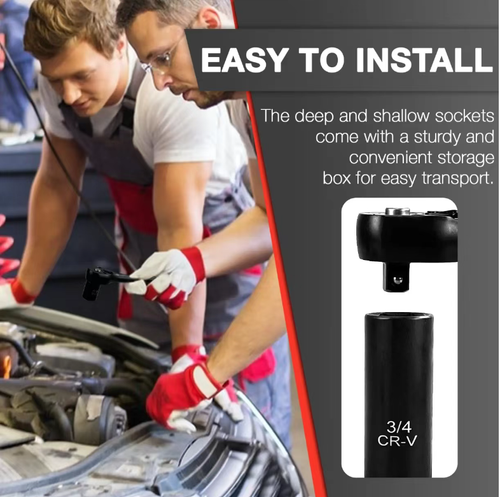 50-piece impact sleeve set, featuring a ratchet handle, an extended rod and a conversion connector. Made of chrome-vanadium steel, it is durable and resistant to impact. The laser-etched scale is clear. The custom storage box is portable and easy to find, covering all scenarios of auto repair and home maintenance. It is an efficient tool for both professional and daily repairs.