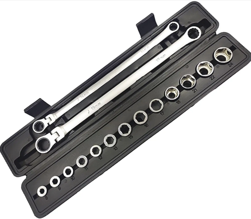 15-piece special activity type ratchet wrench barrel set, made of CR-V material, with 72 teeth bidirectional ratchet, 13 different specifications of barrels covering various scenarios, flexible operation in narrow spaces, efficient and precise disassembly and assembly of auto repair and home improvement bolts, professional and durable hardware tool
