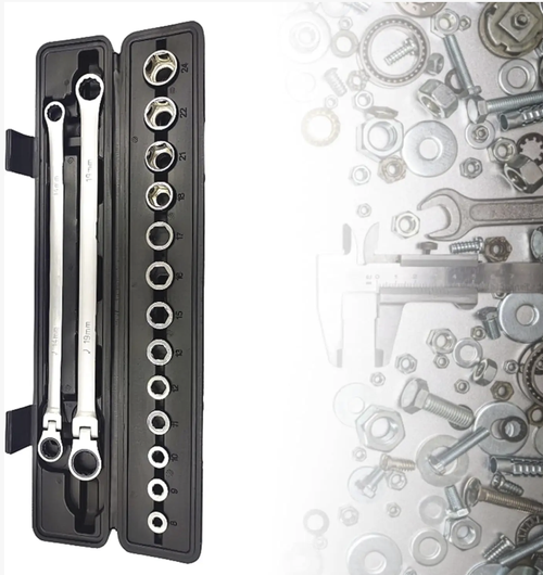 15-piece special activity type ratchet wrench barrel set, made of CR-V material, with 72 teeth bidirectional ratchet, 13 different specifications of barrels covering various scenarios, flexible operation in narrow spaces, efficient and precise disassembly and assembly of auto repair and home improvement bolts, professional and durable hardware tool