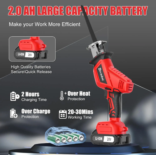 Place your order today and you will receive 4 saw blades as a gift. This high-power lithium battery reciprocating handsaw is cordless and portable, capable of performing aggressive cutting on various materials such as wood and metal. With its low recoil design, it operates smoothly and is suitable for woodworking, auto repair, and outdoor applications. It is an efficient cutting tool.