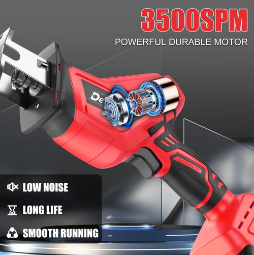Place your order today and you will receive 4 saw blades as a gift. This high-power lithium battery reciprocating handsaw is cordless and portable, capable of performing aggressive cutting on various materials such as wood and metal. With its low recoil design, it operates smoothly and is suitable for woodworking, auto repair, and outdoor applications. It is an efficient cutting tool.
