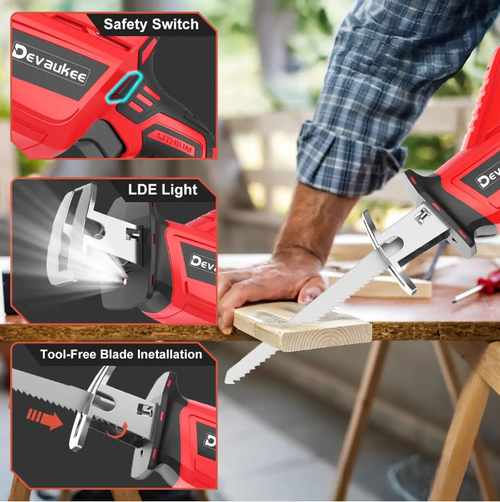 Place your order today and you will receive 4 saw blades as a gift. This high-power lithium battery reciprocating handsaw is cordless and portable, capable of performing aggressive cutting on various materials such as wood and metal. With its low recoil design, it operates smoothly and is suitable for woodworking, auto repair, and outdoor applications. It is an efficient cutting tool.