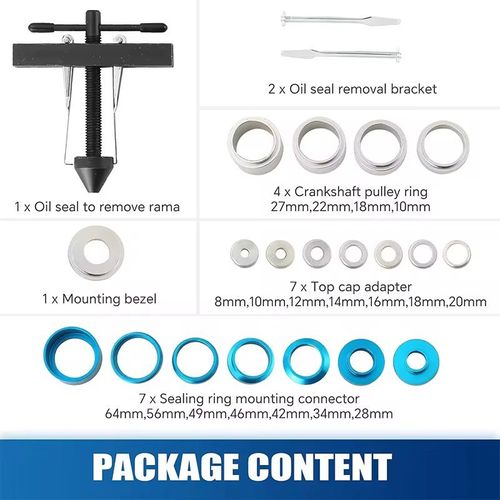 Crankshaft oil seal disassembly and assembly tool, made of high-quality aluminum alloy with high-precision polishing. The components are complete and cover multiple specifications of bearings. The storage box has a scientific layout. The pressing structure applies force evenly and precisely, enabling you to efficiently solve the problems of bearing disassembly and assembly, and making maintenance more professional and worry-free!