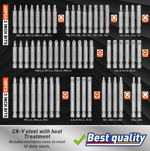 258-piece screwdriver head kit, DIY all-purpose tool box. 258 specifications compatible with micro-electronic to household bolts. Can be used for repairing appliances, assembling furniture, and assembling building blocks. The CR-V steel knife head undergoes heat treatment for wear resistance, and the magnetic handle prevents the screw from falling off. This set can handle all scenarios of screw tightening.