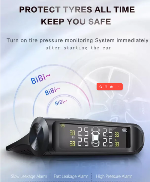 Solar-powered tire pressure monitor, the invisible guardian of driving safety, real-time display of tire pressure and temperature, abnormal voice warning to prevent blowouts, solar panel automatically charges and requires no maintenance. Installation is simple. The screen is clearly readable under strong light. It protects the tires, saves fuel, and is a necessary safety equipment for vehicles.