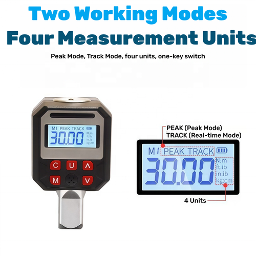 High-precision digital torque adapter, with high accuracy and large-screen LCD display, supporting 4 unit conversions. Equipped with multiple specification conversion heads to adapt to all scenarios. It features audible and visual alarms to prevent overloading. It offers dual modes that combine real-time measurement and peak locking, ensuring precise and compliant screw tightening. It is an essential tool for auto repair and equipment assembly.