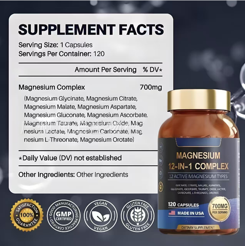 12-in-1 Compound Magnesium: 12 active magnesium components + 700 milligrams of high concentration, take one capsule daily. It helps improve sleep, boost energy, and relieve muscle tension. Place your order today, and we will send you a total of 3 bottles of 12-in-1 magnesium compound capsules to restore your body. Each bottle contains 120 capsules, totaling 360 capsules, which can be consumed for 4 months. It provides sufficient energy for your body.