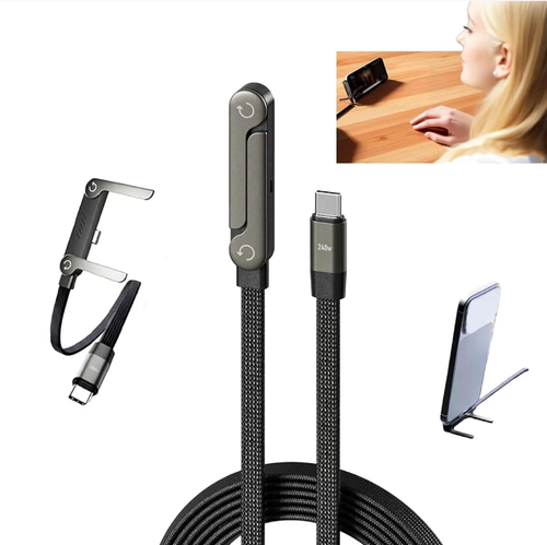 Order today and get 2 right away! This all-rounder charging cable combines,Take care of your charging needs and enjoy unlimited binge-watching!  240W fast charger with a foldable stand. It works for both phones and laptops. It can transfer files at 480Mbps. It has a right-angle elbow connector for convenient charging while playing, and the stand is stable once you fold it. The braided cable is durable and compatible with multiple devices.