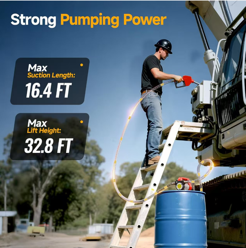 Unpowered fuel transfer pump. Equipped with a sturdy and durable nozzle, an automatic shut-off device, a 15-foot long hose, and a filter to keep the fuel clean. It can transfer up to 12 gallons of fuel in less than 30 seconds, enough to empty a 5-gallon container completely. This kit comes with a 4-amp battery and charger, allowing you to use it at any time. So this thing is amazing. Click on this video and get it right now! Because on the Temen platform, it's very affordable.