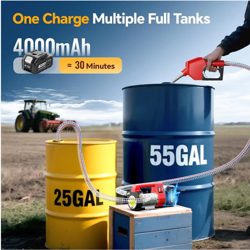 Unpowered fuel transfer pump. Equipped with a sturdy and durable nozzle, an automatic shut-off device, a 15-foot long hose, and a filter to keep the fuel clean. It can transfer up to 12 gallons of fuel in less than 30 seconds, enough to empty a 5-gallon container completely. This kit comes with a 4-amp battery and charger, allowing you to use it at any time. So this thing is amazing. Click on this video and get it right now! Because on the Temen platform, it's very affordable.