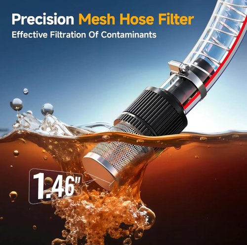 Unpowered fuel transfer pump. Equipped with a sturdy and durable nozzle, an automatic shut-off device, a 15-foot long hose, and a filter to keep the fuel clean. It can transfer up to 12 gallons of fuel in less than 30 seconds, enough to empty a 5-gallon container completely. This kit comes with a 4-amp battery and charger, allowing you to use it at any time. So this thing is amazing. Click on this video and get it right now! Because on the Temen platform, it's very affordable.