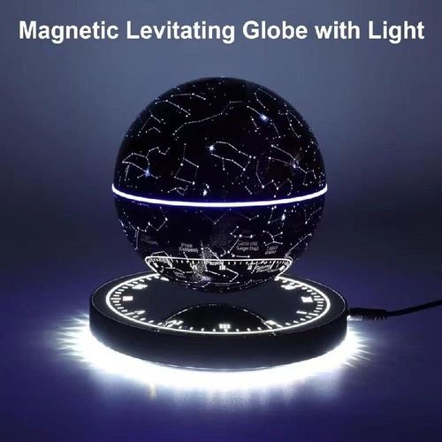 Magnetic levitation luminous globe. Suspended and rotating magnetically. The spherical surface is engraved with constellation patterns. It has four colors of lights: red, green, blue, and purple. When lit, it resembles a miniature galaxy. It can be used as a decorative item as well as a small night light. The base has markings. It rotates 360° to clearly view the constellations. Hold the starry sky in your palm. Your daily space instantly transforms into an observatory!