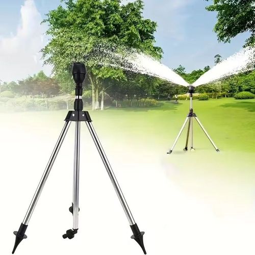 This set of McGee sprinkler tripod package is a gardening time-saver wonder: The 360° automatic rotating sprinkler evenly waters plants and flowers. The stainless steel tripod stands stably and can be adjusted for height. It comes with 4 or 6 connectors to fit multiple water pipes. Once connected, it automatically irrigates, saving water and effort. It is suitable for garden, vegetable garden and flower beds.