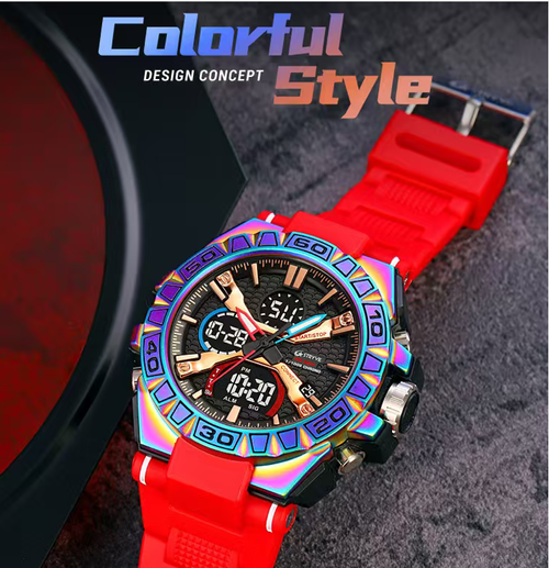 Fashionistas, hurry up! This watch features a shimmering case that reflects a gradient of colors. Paired with a bright red strap, it instantly becomes the center of attention. Dual displays and night-time luminosity ensure clear time reading. It is 30 meters waterproof. It is lightweight, breathable and not stuffy on the wrist. The black box packaging has an excellent quality. Students and fashionistas, just go ahead and buy it without hesitation!