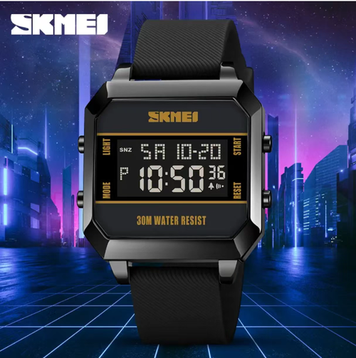 This SKMEI digital wristwatch gift box features a square-shaped case with a black and yellow color contrast that gives a retro look. It is 30 meters waterproof and suitable for daily use. The backlight and date display are practical. The soft-touch strap is comfortable. The gift box itself has a high-quality texture, adding a sense of ceremony when giving as a gift or keeping for oneself. It is a versatile companion for both fashion and functionality.