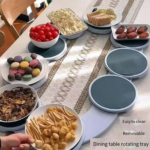 This long table rotating track turntable can be set up simply by laying out the table. It can smoothly rotate the dishes by hand. The food-grade round plates are spill-proof. Elderly and children can operate it. It is convenient to dismantle and clean and doesn't take up much space. The long table can instantly transform into a reunion table. During family dinners, every dish can be easily picked up. The dining experience is relaxed and lively.