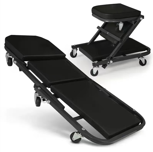Essential for auto mechanics! A 36-inch foldable car repair bench with thick soft cushioned waist support, capable of supporting up to 330 pounds. It can instantly transform into a small wheel stool, with swivel wheels for smooth movement. It can be folded and stored without taking up much space. It's convenient for both lying and sitting during repairs, and makes it effortless to access the underside of the car without any discomfort.