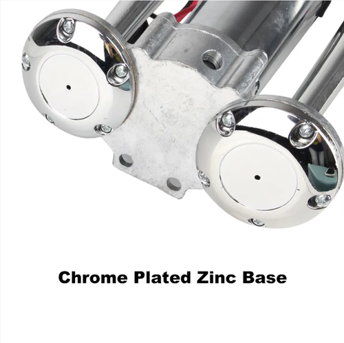 This dual-pipe car horn has a loud volume of 110DB. It is compatible with multiple vehicle models and is equipped with chrome finish for rust prevention and durability. The accessories are fully included and easy to install. The wiring is protected by relays to ensure the circuit is safe. When activated in complex road conditions, it will immediately alert you, making driving safer.