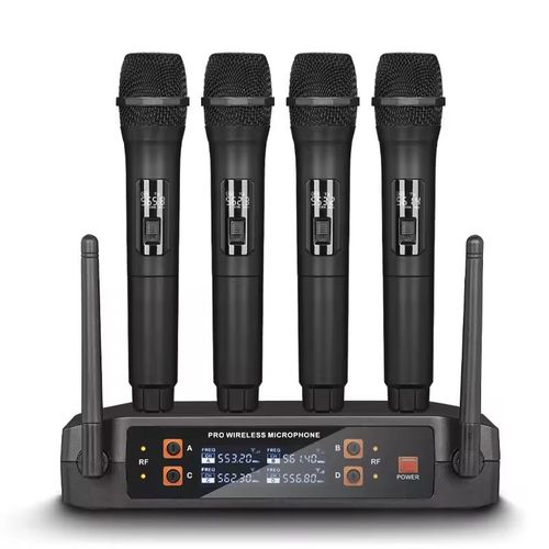 Professional U Section 1-4 Wireless Microphone Set - Four-channel independent frequency modulation with dual antennas for enhanced signal transmission. Anti-crowd-noise, high-fidelity dynamic coil microphone core. Metal body for durability and reliability. Suitable for stage performances, business meetings, home karaoke, wedding ceremonies, outdoor roadshows, versatile for multiple scenarios. Comes with LCD screen for real-time frequency monitoring and handheld microphone.