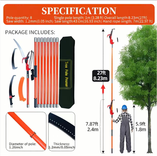 High-altitude pruning saw set, with 8 sections of insulated telescopic rods that can extend up to 8.23 meters. Equipped with Teflon-coated pruning shears and thickened saw blades, the force-saving pulley system makes operation easier. The blade head can be quickly switched. It is safe and efficient for pruning tall branches. It is portable and convenient for storage. It is a professional tool for gardening and orchard pruning.
