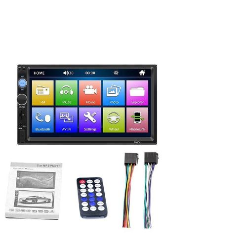 7-inch high-definition large-screen car MP5 player, supporting Carplay connectivity and Bluetooth 5.0, hands-free calling + lossless music playback. Equipped with seven-color ambient lights, EQ audio effect adjustment, rearview camera and USB  TF card audio playback. Electronic shock resistance and stability. Can be directly replaced with the original car audio system, making old cars instantly become smart vehicle-mounted devices.