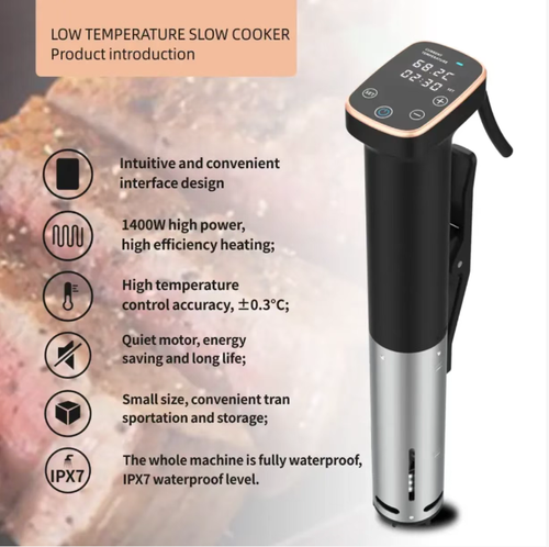 Intelligent low-temperature cooking rod, with ±0.3℃ precise temperature control, 1400W high power for rapid heating, and a silent circulating motor ensuring uniform water temperature. IPX7 level waterproofing, large LED screen for intuitive operation, easily locking in the juices of the ingredients, allowing you to create Michelin-star level tender dishes at home. It is a kitchen tool for enhancing cooking skills.