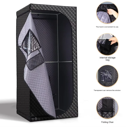 Portable folding sauna room, with a three-layer temperature-locking structure that heats up quickly and retains heat for a long time. It features an openable and breathable window and a double zipper design for comfort. It comes with folding chairs for comfortable sitting and lying. It can be folded and stored without taking up much space, ensuring privacy and hygiene. It is easy to operate and allows you to get rid of fatigue and dampness at home.