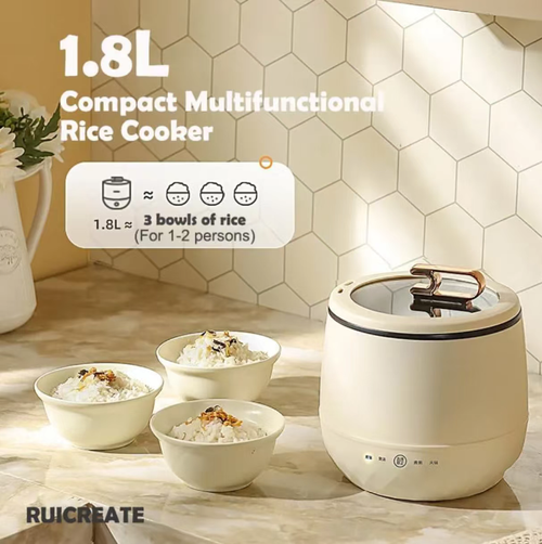 1.8L intelligent mini rice cooker, suitable for 1-2 people's meals, non-stick inner pot for easy cleaning. It supports multiple functions such as cooking rice, making soup, stir-frying, and making hot pot. The milk-white body and rose gold handle give an elegant appearance. It is small and portable, suitable for dormitories, camping, etc. The intelligent touch control operation is simple. The visible window prevents overflow. It is a practical choice for creating a refined one-person meal.
