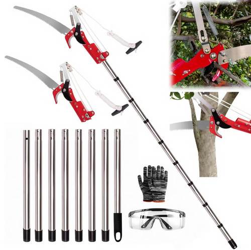 Integrated saw and trimmer, with 65-grade high-carbon steel blade that is sharp and durable. Four pulley transmission system reduces effort by 3 times, allowing even the elderly and women to operate easily. The extendable long handle eliminates the need for climbing a ladder, enabling safe pruning of high branches. It is a convenient companion for maintaining garden fruit trees and landscape trees.