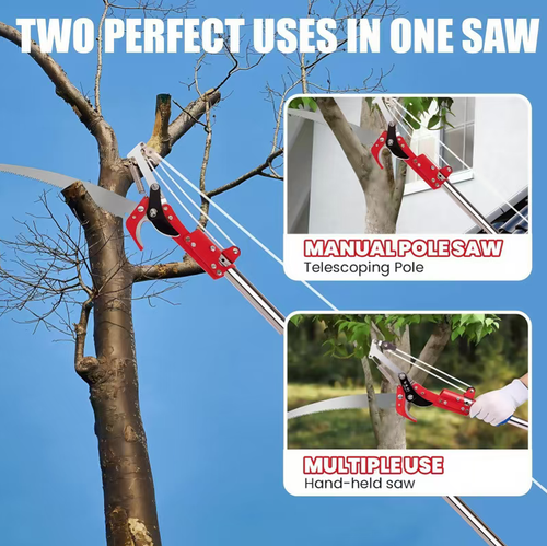 Integrated saw and trimmer, with 65-grade high-carbon steel blade that is sharp and durable. Four pulley transmission system reduces effort by 3 times, allowing even the elderly and women to operate easily. The extendable long handle eliminates the need for climbing a ladder, enabling safe pruning of high branches. It is a convenient companion for maintaining garden fruit trees and landscape trees.