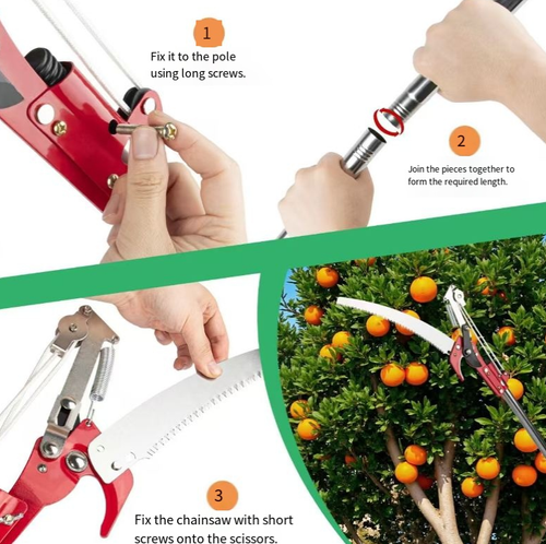 Integrated saw and trimmer, with 65-grade high-carbon steel blade that is sharp and durable. Four pulley transmission system reduces effort by 3 times, allowing even the elderly and women to operate easily. The extendable long handle eliminates the need for climbing a ladder, enabling safe pruning of high branches. It is a convenient companion for maintaining garden fruit trees and landscape trees.