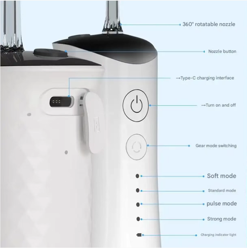 The 4-speed cleaning mode is suitable for scenarios such as sensitive gums and daily cleaning. The 360° rotating nozzle can reach deep into the gaps between teeth and the hidden corners of braces. The 300ml detachable antibacterial water tank is easy to clean and can be charged via Type-C connector for up to 30 days of use. It is compact and portable, making it an excellent companion for daily oral hygiene.