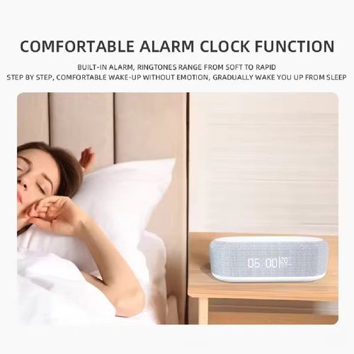 This four-sided clock speaker integrates 15W wireless fast charging, clock temperature display, RGB ambiance lights and Bluetooth speaker. It keeps the desktop tidy without taking up space. The fabric appearance is simple and versatile. It charges efficiently, shows the time and temperature clearly, and the lights can switch according to the scene. It is a practical and aesthetically pleasing item for bedrooms and office desks.