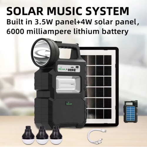This solar-powered outdoor emergency lighting system is equipped with two high-efficiency solar panels for efficient power generation and a 6000mAh battery for long-lasting power storage. It integrates 10W strong light illumination, external bulb connection, Bluetooth audio, and FM radio, and supports device charging. It is portable and durable, making it an all-round companion for camping, square dancing, and emergency rescue.