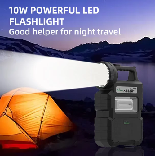 This solar-powered outdoor emergency lighting system is equipped with two high-efficiency solar panels for efficient power generation and a 6000mAh battery for long-lasting power storage. It integrates 10W strong light illumination, external bulb connection, Bluetooth audio, and FM radio, and supports device charging. It is portable and durable, making it an all-round companion for camping, square dancing, and emergency rescue.