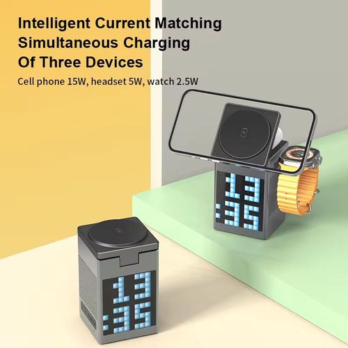 This 6-in-1 magnetic wireless charger integrates magnetic fast charging, pixel animation alarm clock, Bluetooth speaker, and night light functions. It can charge multiple devices simultaneously. It combines multiple functions on the desktop, making it neat and orderly. The pixel screen is full of fun. It is not only a great item for the office desktop but also a practical digital gadget for the bedroom bedside.
