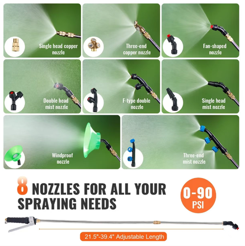 High-pressure intelligent backpack sprayer, equipped with a 12V 8Ah lithium battery, can work continuously for 4-6 hours after one charge. It has adjustable pressure ranging from 0 to 90 PSI. It comes with 8 types of nozzles, a 4-gallon large-capacity body, a wide-mouth design for easy filling, and a thick shoulder strap for comfortable carrying. It is suitable for various scenarios such as gardening, farming, and epidemic prevention.