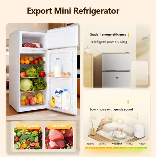 This household double-door refrigerator adopts the air-cooling and frost-free technology, eliminating the need for manual defrosting. The ingredients will not get mixed odors. It has a first-level energy efficiency and saves electricity. It operates quietly without disturbing sleep. The dual-door compartmentalized storage is scientifically designed. The compact body is suitable for small-sized apartments, making it an ideal choice for fresh food storage in small spaces.