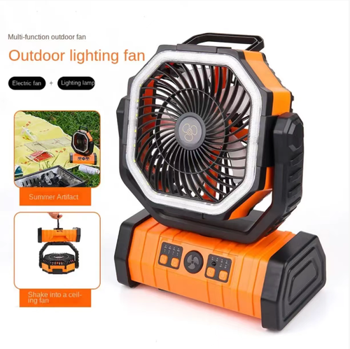 This outdoor camping swivel charging fan supports 270° wide-angle swivel and multiple speed settings. The fan and the light are integrated and come with LED lighting. It is equipped with a remote control for timed operation, and has a built-in lithium battery for emergency charging. The portable hook design is suitable for various scenarios. It is a quiet and refreshing good item for camping or cooling off at the desk.