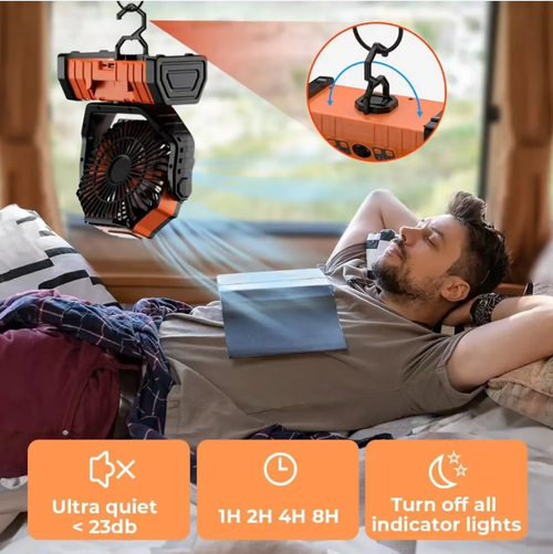 This outdoor camping swivel charging fan supports 270° wide-angle swivel and multiple speed settings. The fan and the light are integrated and come with LED lighting. It is equipped with a remote control for timed operation, and has a built-in lithium battery for emergency charging. The portable hook design is suitable for various scenarios. It is a quiet and refreshing good item for camping or cooling off at the desk.