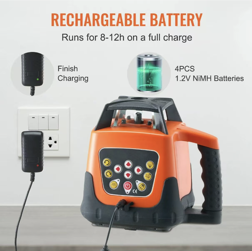 This red laser leveler features 360° full-range coverage and IP66-level military-grade protection. When paired with the receiver, it enables remote operation up to 2000 feet. It supports 360° full-range scanning and multiple directional modes. It is dust-proof, water-resistant, shock-resistant, and can be remotely controlled from 65 feet away. It is a professional and precise tool for laying floor tiles, leveling the ground, and pulling ground wires.