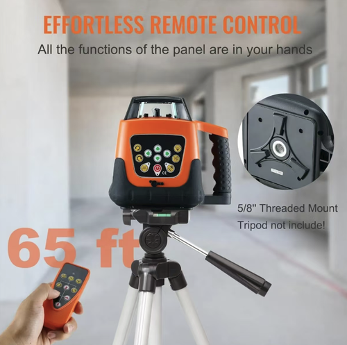 This red laser leveler features 360° full-range coverage and IP66-level military-grade protection. When paired with the receiver, it enables remote operation up to 2000 feet. It supports 360° full-range scanning and multiple directional modes. It is dust-proof, water-resistant, shock-resistant, and can be remotely controlled from 65 feet away. It is a professional and precise tool for laying floor tiles, leveling the ground, and pulling ground wires.