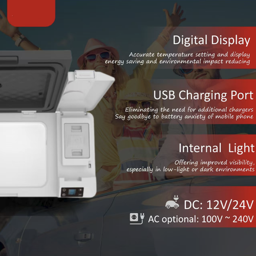 This 30L vehicle-to-home two-vehicle-mounted refrigerator is equipped with an efficient compressor. It can cool to -22℃ in just 1 hour and precisely maintains a stable temperature to preserve freshness. It supports both 12V and 24V vehicle and household power supplies, has built-in USB charging and internal lighting, and is suitable for various scenarios such as self-driving, camping, and home use. It is a new guarantee for freshness on the go.
