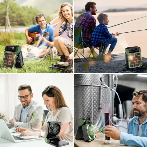 This solar-powered portable outdoor fan is equipped with an efficient solar panel and a 5200mAh battery, supporting Type-C fast charging and mobile phone recharging. It offers three lighting modes and powerful air circulation. It is foldable, portable, and has a compact size. It is an all-weather cooling station for camping, fishing, street vending, and emergencies. It is also your outdoor energy manager.