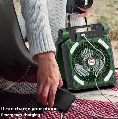 This solar-powered portable outdoor fan is equipped with an efficient solar panel and a 5200mAh battery, supporting Type-C fast charging and mobile phone recharging. It offers three lighting modes and powerful air circulation. It is foldable, portable, and has a compact size. It is an all-weather cooling station for camping, fishing, street vending, and emergencies. It is also your outdoor energy manager.