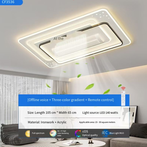 This ceiling-mounted fan lamp combines lighting and gentle breeze in one. It offers full-spectrum eye-protection (Ra > 97, blue light RGO level), supports offline voice and remote control. With geometric aesthetic design, it is durable and corrosion-resistant, suitable for 15-30 square meters of space. Through intelligent technology and meticulous design, it creates an ideal home space that is comfortable, convenient, and of high appearance quality.