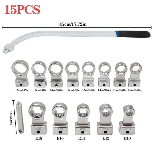 15-Piece Heavy-Duty Universal Serpentine Belt Tool Kit With Curved Extended Wrench & Multi-Angle Interchangeable Socket Heads For Most Cars SUVs And Light Trucks Professional Automotive Belt Tensioner Pulley Remover Installer Tool Set High-Strength Carbon Steel Anti-Rust Wear-Resistant Sturdy Construction For Narrow Engine Compartment Operation Easy To Use Labor-Saving Car Repair And Maintenance Accessory Tool